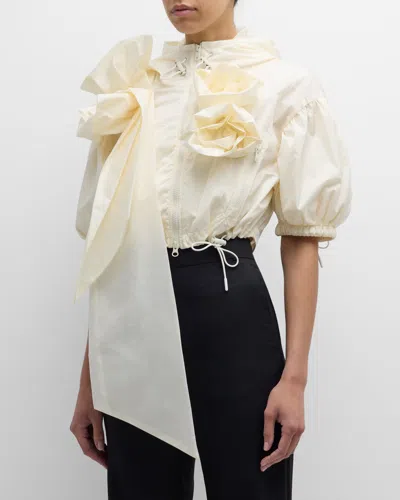 Simone Rocha Pressed Rose-applique Puff-sleeve Crop Jacket In Cream