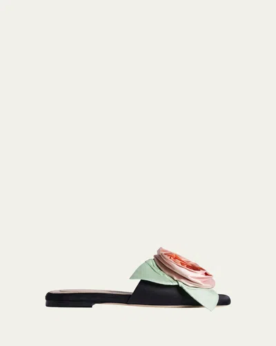 Simone Rocha Pressed Rosette Satin Slide Sandals In Black