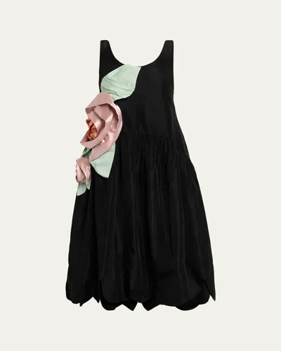 Simone Rocha Pressed Rosette Sleeveless Satin Midi Dress In Black