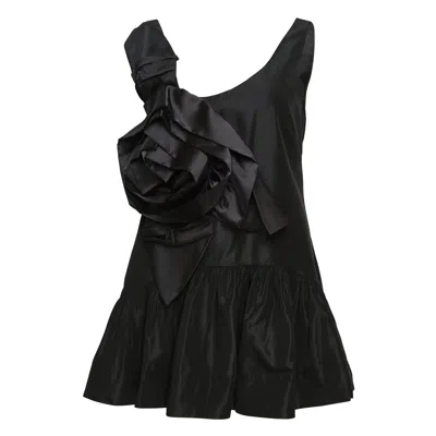 Simone Rocha Pressed Rosette Tilted Taffeta Peplum Top In Black