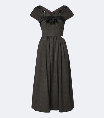 Simone Rocha Embellished Gathered Prince Of Wales Wool-blend Midi Dress In Gray