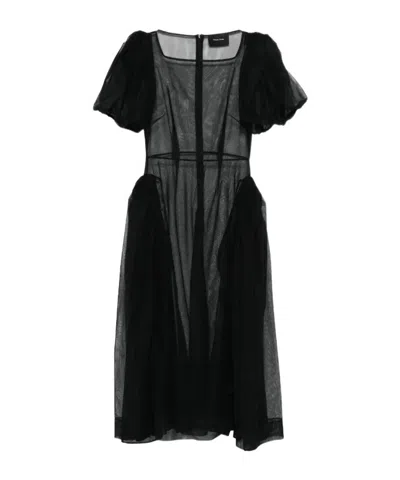 Simone Rocha Puff Sleeve Sheer Midi Dress In Black