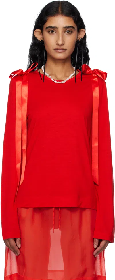 Simone Rocha Red Bow Ribbon Tail Long Sleeve T-shirt