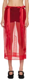 Simone Rocha Red Sheer Bow Ribbon Pencil Midi Skirt In Red
