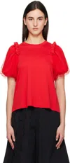 Simone Rocha Red Tulle Overlay Puff Sleeve Frill T-shirt In Red
