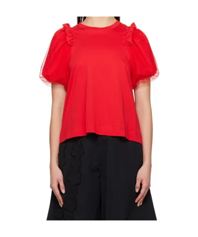SIMONE ROCHA RED TULLE OVERLAY PUFF SLEEVE FRILL T-SHIRT