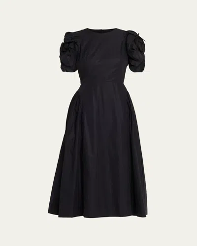 Simone Rocha Rose Puff-sleeve Fit-and-flare Midi Dress In Black
