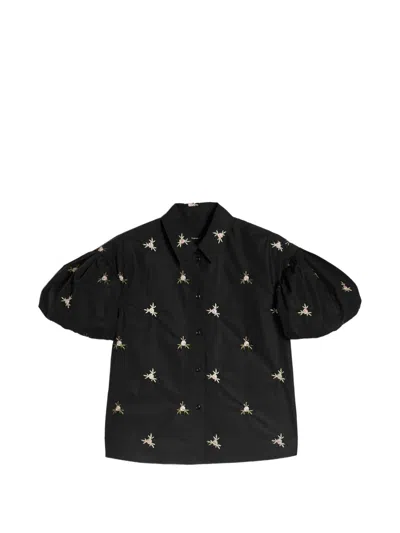 Simone Rocha Rosebud-embroidered Puff-sleeve Shirt In Black