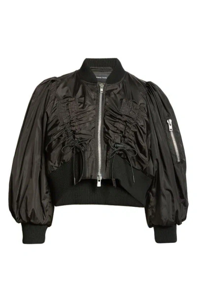 Simone Rocha Ruched Puff-sleeve Crop Bomber Jacket In Black