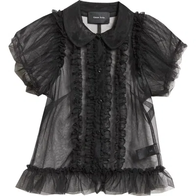 Simone Rocha Ruffle Puff Sleeve Sheer Tulle Top In Black