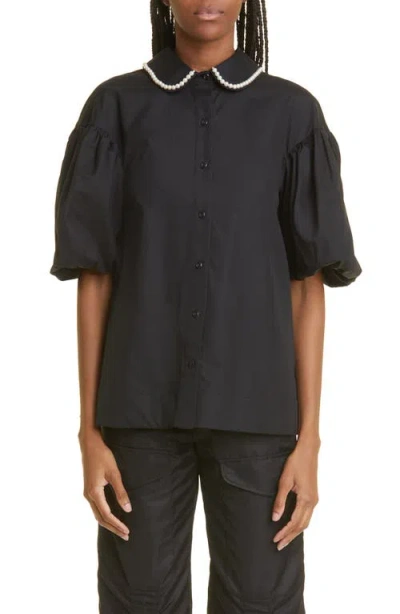 Simone Rocha Ruffle Trim Back Cutout Puff Sleeve Cotton Shirt In Black/pearl