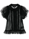 Simone Rocha Black Sheer Puff Sleeve Multi Ruffle Frill Shirt In Black