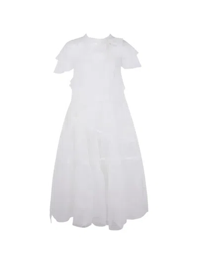 Simone Rocha Sheer Bow Sash Split Hoop Flounce Dress In White