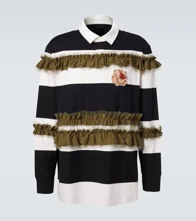 Simone Rocha Ruffled Striped Cotton Polo Shirt In Black