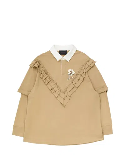 Simone Rocha Ruffle-trimmed Floral-embellished Polo Shirt In Brown