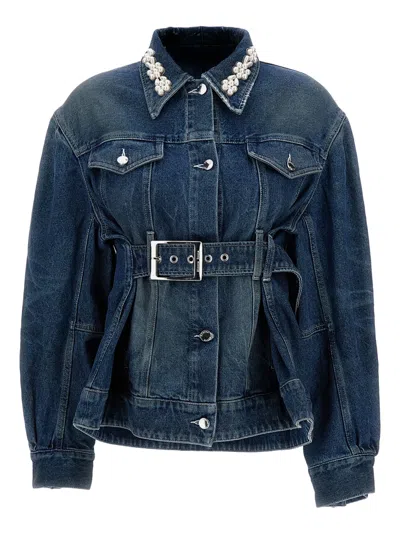 Simone Rocha Sculpted Belt Detail Denim Jacket In Burgundy
