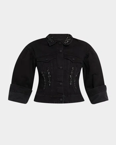 Simone Rocha Sculpted Cropped Denim Jacket W Emb In Black Jet