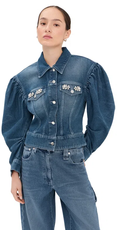 Simone Rocha Sculpted Draped Sleeve Denim Jacket Indigo/pearl/clear In Blue