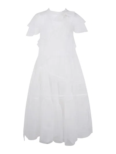 Simone Rocha Sheer Bow Sash Split Hoop Flounce Dress In White