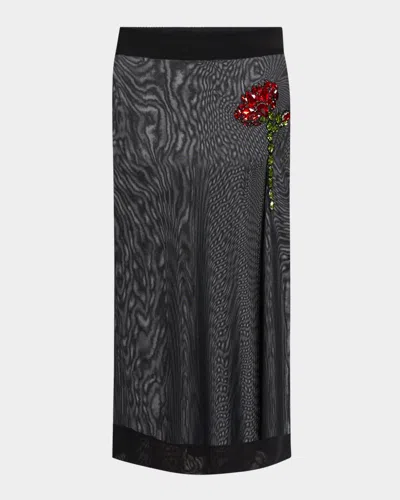 Simone Rocha Sheer Column Rose Crystal Midi Skirt In Blackblackred Multi