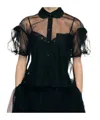 Simone Rocha Sheer Cropped Bow Puff Sleeve Shirt In Black
