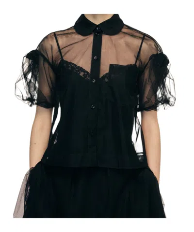 Simone Rocha Sheer Cropped Bow Puff Sleeve Shirt In Black