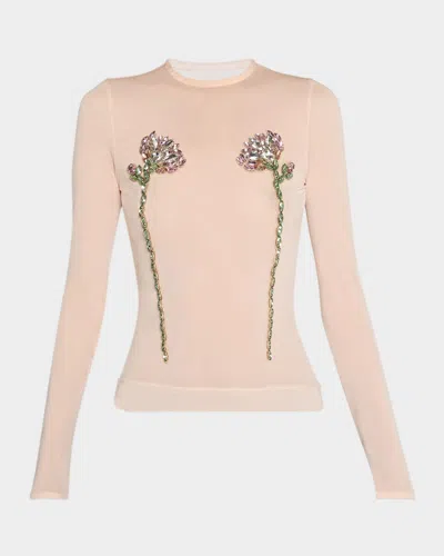 SIMONE ROCHA SHEER FITTED BALLET MESH CRYSTAL FLOWERS TOP