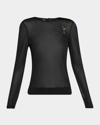Simone Rocha Sheer Fitted Ballet Mesh Crystal Rose Top In Blackblackred Multi
