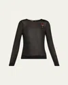 Simone Rocha Sheer Fitted Ballet Mesh Crystal Rose Top In Blackblackred Multi