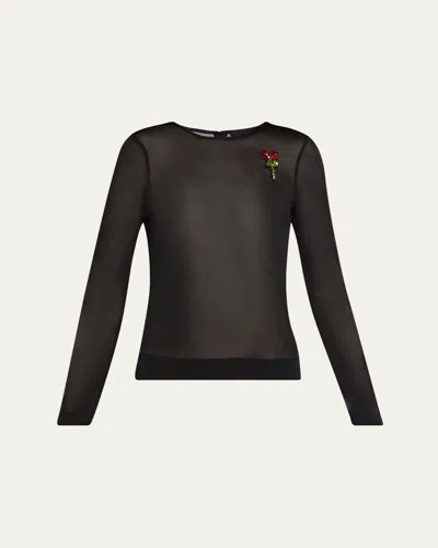 SIMONE ROCHA SHEER FITTED BALLET MESH CRYSTAL ROSE TOP