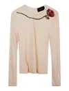 Simone Rocha Sheer Mesh Top Embroidered Detail Long Sleeves In Nude & Neutrals