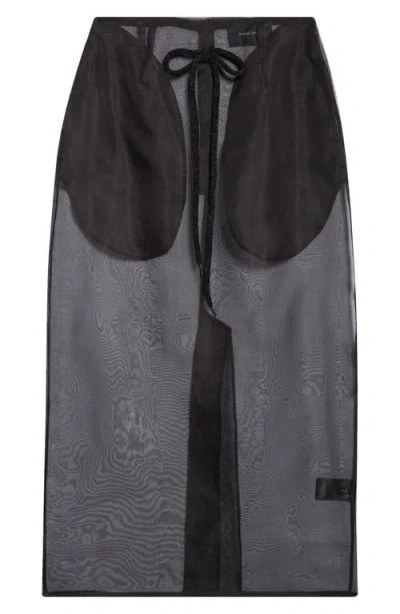 Simone Rocha Sheer Frayed Column Pencil Skirt In Black