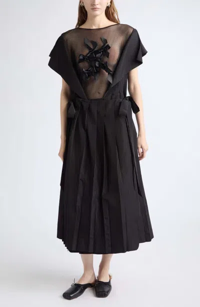 Simone Rocha Sheer Pleated Bow Dress In Black