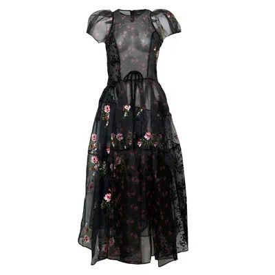 Simone Rocha Black Sheer Puff Sleeve Patchwork Flounce Midi Dress