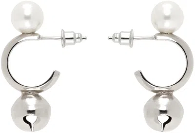 Simone Rocha Silver Bell Charm Hoop Earrings In Pearl