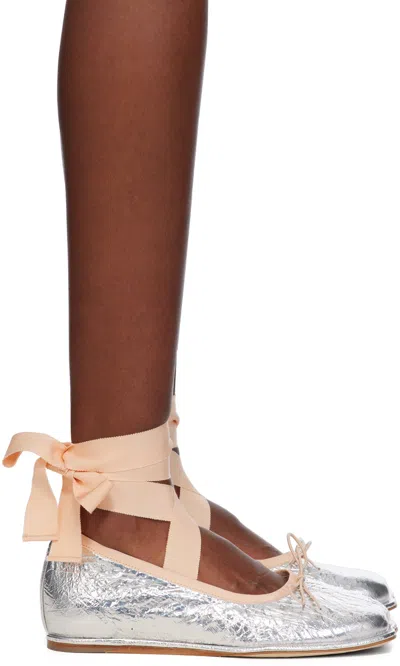 Simone Rocha Silver Heart Toe Ribbon Bow Ballerina Flats In Silver/nude