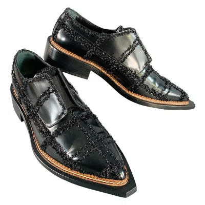 Pre-owned Simone Rocha Size 8 Black Tinsel Embellishment Leather Slip On Loafers