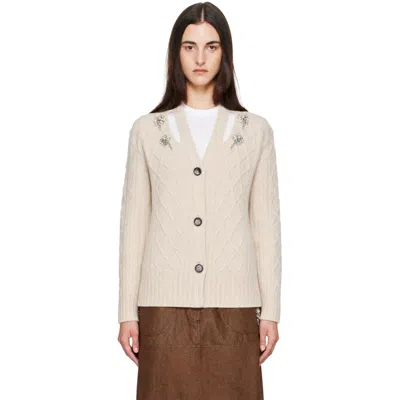 Simone Rocha Beige Embellished Cable Knit Slash Cardigan In Bone/pearl/clear
