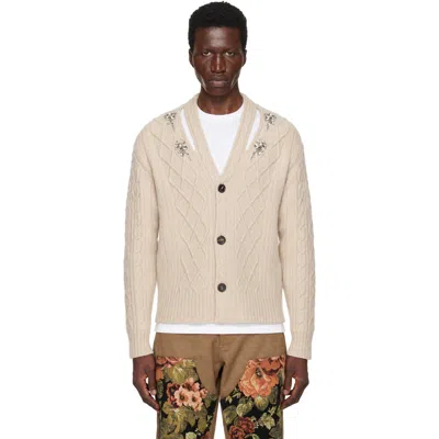 Simone Rocha Beige Embellished Cable Knit Slash Cardigan In Bone/pearl/clear