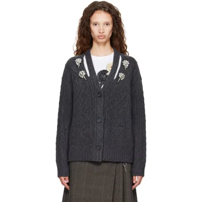 Simone Rocha Gray Embellished Cable Knit Slash Cardigan In Charcoal/pearl/clear