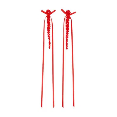 Simone Rocha Slim Bow Ribbon Drip Earrings In Red