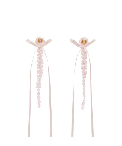 Simone Rocha Slim Bow Ribbon Drop Earrings In Pink