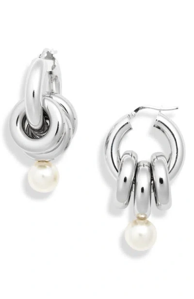 Simone Rocha Stacked Link Faux Pearl Hoop Earrings In Palladium/pearl