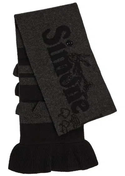 Simone Rocha Striped Ruffle-trimmed Wool-blend Scarf In Black