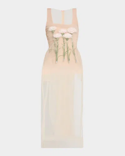Simone Rocha Stuffed Carnation Square Neck Sheer Midi Dress In Nude