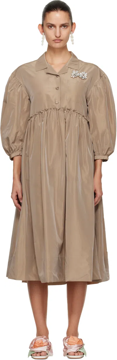 Simone Rocha Tan Embellished Signature Smock Shirt Midi Dress In Brown