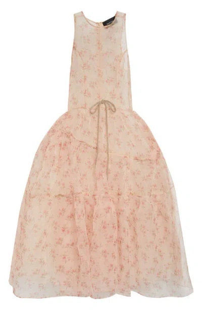 Simone Rocha Tapered Back Flounce Floral Sheer Organza Dress In Pink