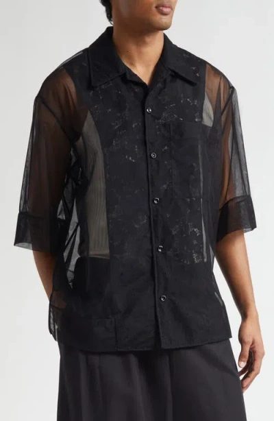 Simone Rocha Trapped Lace Patchwork Camp Shirt In Black