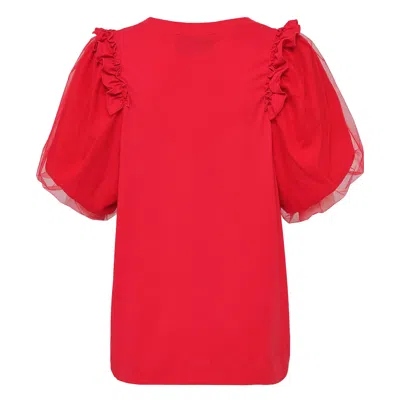 Simone Rocha Tulle Overlay Puff Sleeve Fril Tee In Red