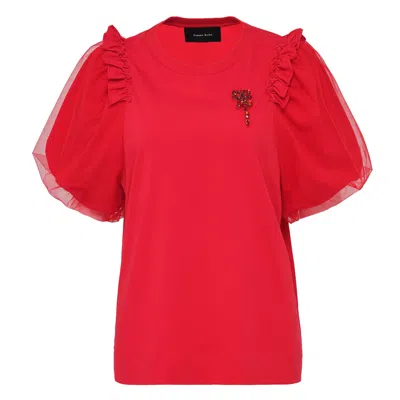 Simone Rocha Tulle Overlay Puff Sleeve Fril Tee In Red